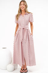 Eileen Midi Dress - Collared Shirt Dress with Multiway Waist Tie and Puff Sleeves in Renna Spot Pink