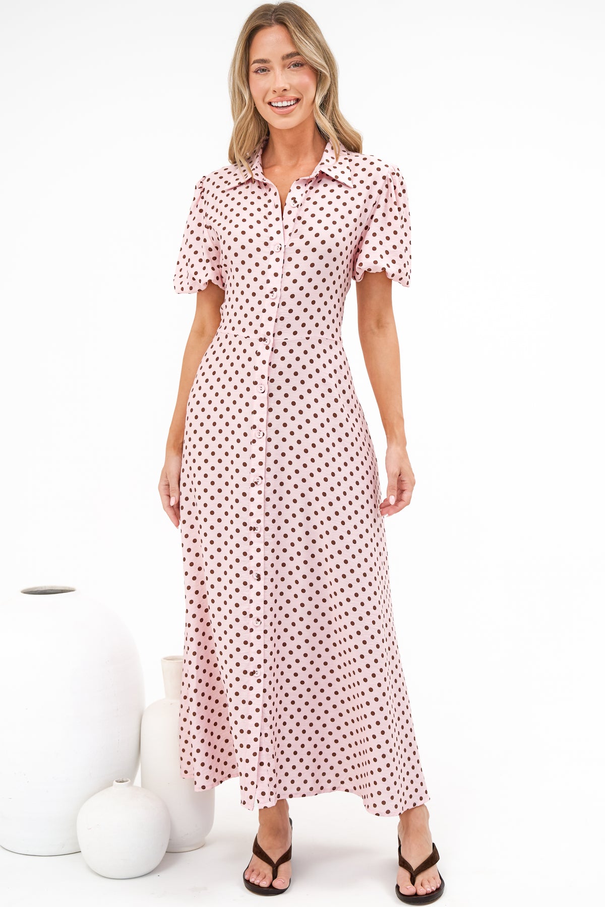 Eileen Midi Dress - Collared Shirt Dress with Multiway Waist Tie and Puff Sleeves in Renna Spot Pink
