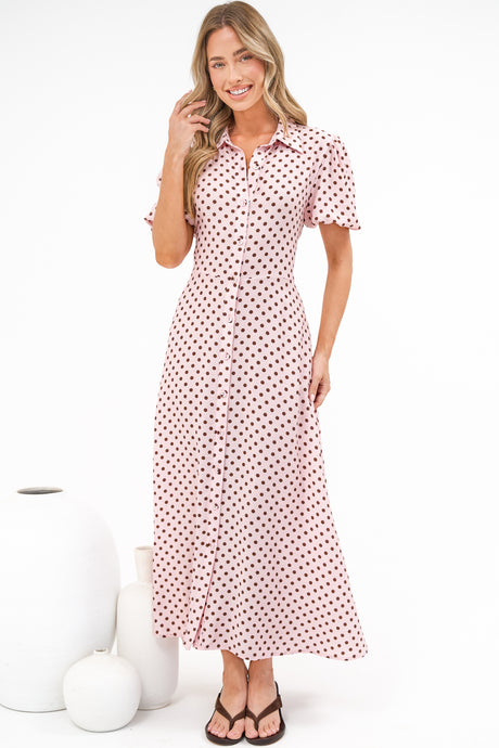 Eileen Midi Dress - Collared Shirt Dress with Multiway Waist Tie and Puff Sleeves in Renna Spot Pink
