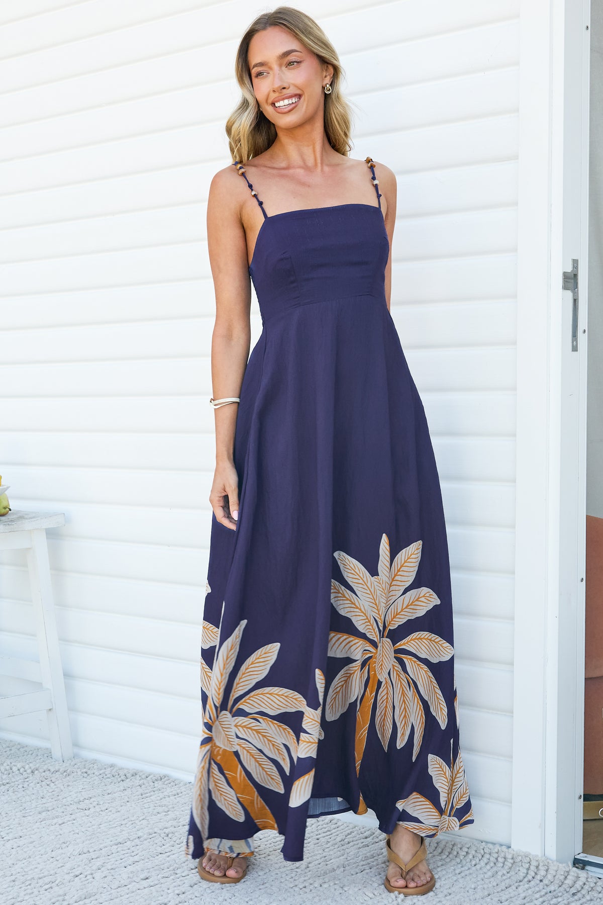 Eira Maxi Dress - Beaded-Strap Square Neck A Line Dress with Pockets in Raphael Print