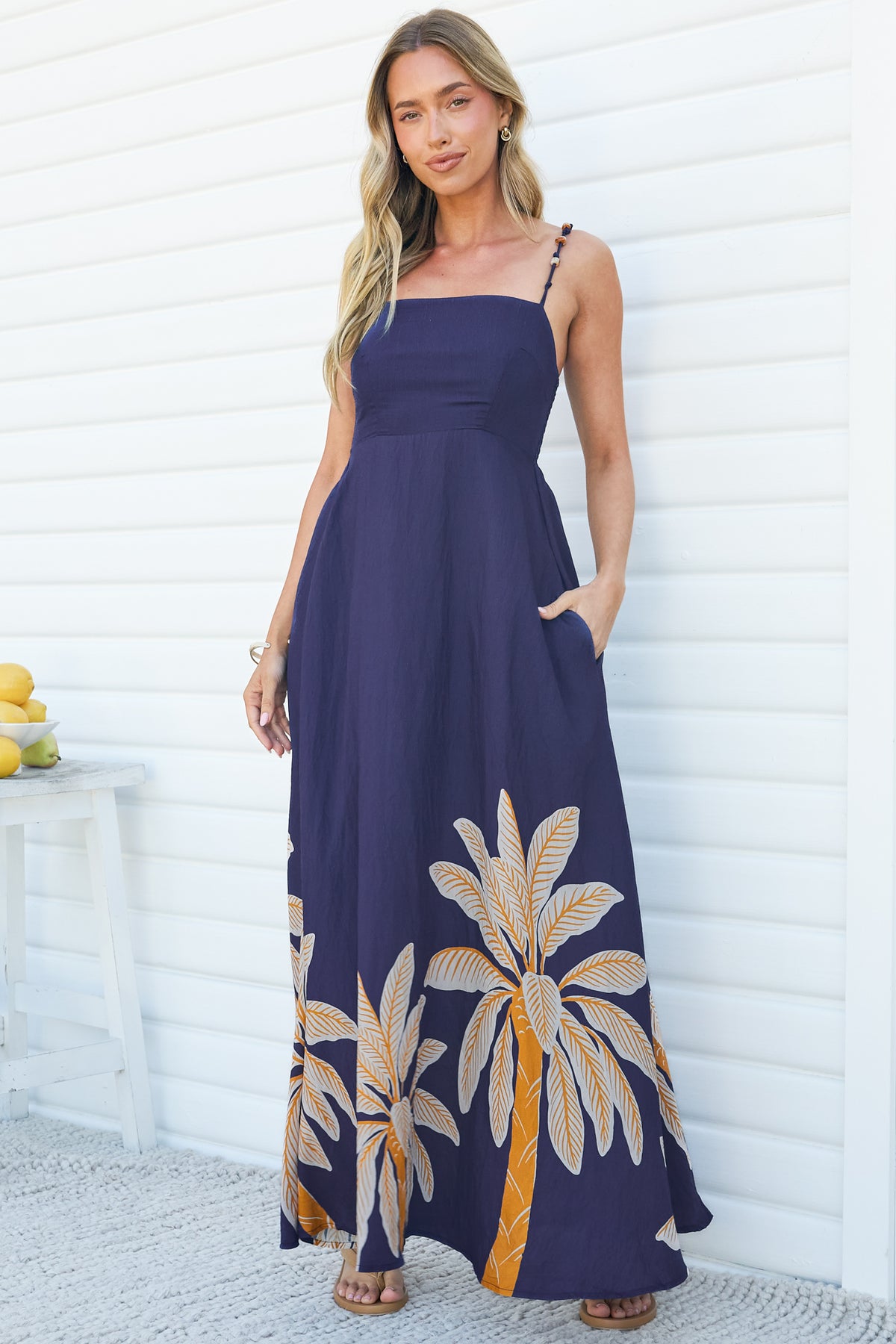 Eira Maxi Dress - Beaded-Strap Square Neck A Line Dress with Pockets in Raphael Print