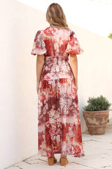 Elahe Maxi Dress - V Neck Tiered A-Line Dress with Puff Sleeves in Ashara Print