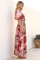 Elahe Maxi Dress - V Neck Tiered A-Line Dress with Puff Sleeves in Ashara Print