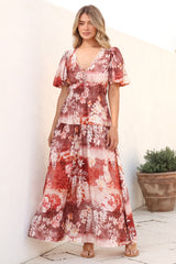 Elahe Maxi Dress - V Neck Tiered A-Line Dress with Puff Sleeves in Ashara Print