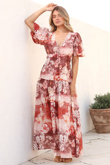Elahe Maxi Dress - V Neck Tiered A-Line Dress with Puff Sleeves in Ashara Print