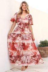 Elahe Maxi Dress - V Neck Tiered A-Line Dress with Puff Sleeves in Ashara Print