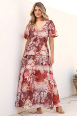 Elahe Maxi Dress - V Neck Tiered A-Line Dress with Puff Sleeves in Ashara Print