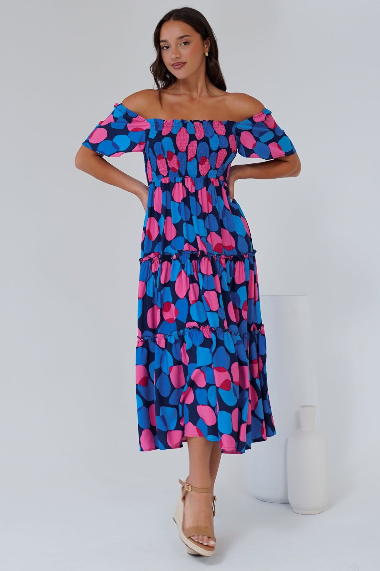 Elana Midi Dress - On or Off Shoulder Tiered Dress with Short Sleeves in Tilda Print