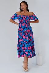 Elana Midi Dress - On or Off Shoulder Tiered Dress with Short Sleeves in Tilda Print