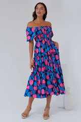 Elana Midi Dress - On or Off Shoulder Tiered Dress with Short Sleeves in Tilda Print