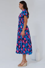 Elana Midi Dress - On or Off Shoulder Tiered Dress with Short Sleeves in Tilda Print