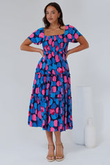 Elana Midi Dress - On or Off Shoulder Tiered Dress with Short Sleeves in Tilda Print