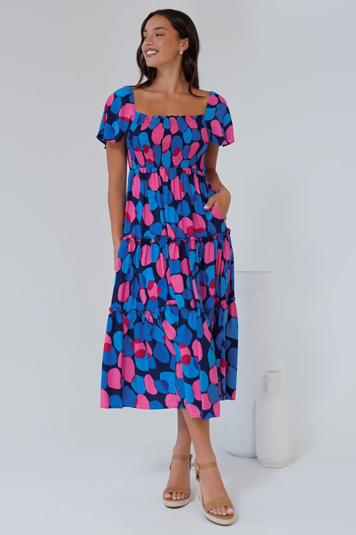 Elana Midi Dress - On or Off Shoulder Tiered Dress with Short Sleeves in Tilda Print