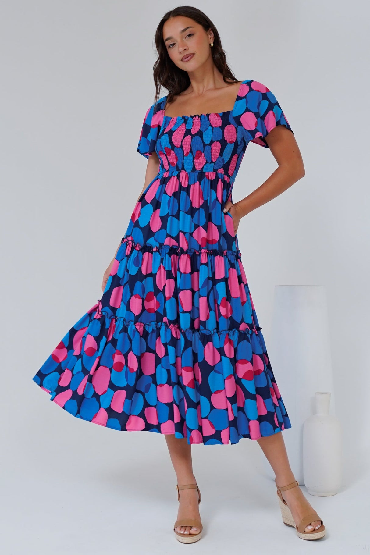 Elana Midi Dress - On or Off Shoulder Tiered Dress with Short Sleeves in Tilda Print