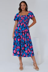 Elana Midi Dress - On or Off Shoulder Tiered Dress with Short Sleeves in Tilda Print