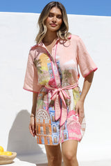 Elania Mini Dress - Collared Shirt Dress with Matching Belt in Tullia Print