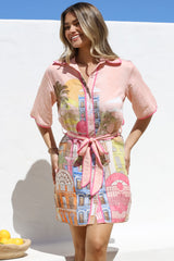 Elania Mini Dress - Collared Shirt Dress with Matching Belt in Tullia Print