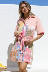 Elania Mini Dress - Collared Shirt Dress with Matching Belt in Tullia Print