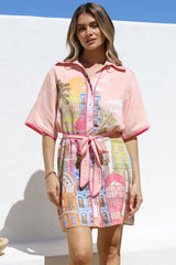 Elania Mini Dress - Collared Shirt Dress with Matching Belt in Tullia Print