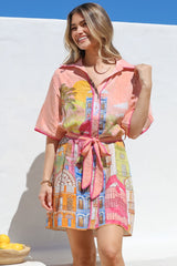 Elania Mini Dress - Collared Shirt Dress with Matching Belt in Tullia Print