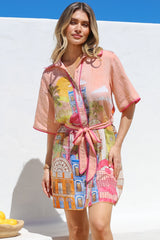 Elania Mini Dress - Collared Shirt Dress with Matching Belt in Tullia Print
