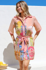 Elania Mini Dress - Collared Shirt Dress with Matching Belt in Tullia Print