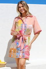 Elania Mini Dress - Collared Shirt Dress with Matching Belt in Tullia Print