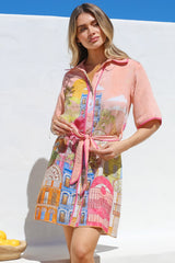 Elania Mini Dress - Collared Shirt Dress with Matching Belt in Tullia Print