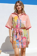 Elania Mini Dress - Collared Shirt Dress with Matching Belt in Tullia Print