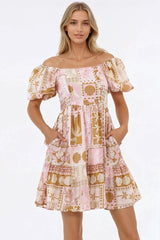 Elea Mini Dress - Multiway Neckline A-Line Dress with Balloon Sleeves in Cersi Print