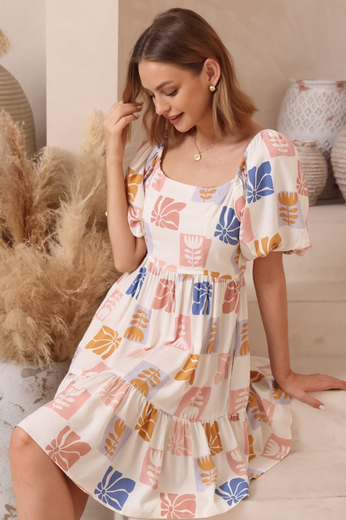 Elea Mini Dress - Multiway Neckline A-Line Dress with Balloon Sleeves in Emalee Print