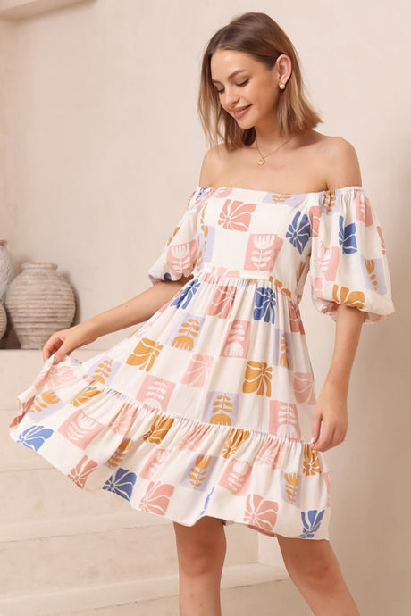 Elea Mini Dress - Multiway Neckline A-Line Dress with Balloon Sleeves in Emalee Print