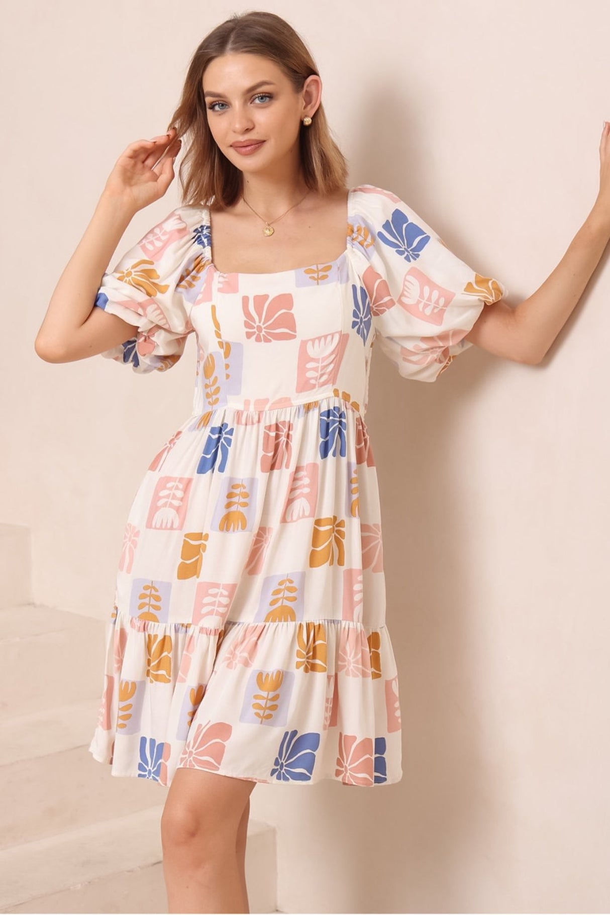 Elea Mini Dress - Multiway Neckline A-Line Dress with Balloon Sleeves in Emalee Print