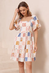 Elea Mini Dress - Multiway Neckline A-Line Dress with Balloon Sleeves in Emalee Print