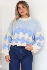 Eleanora Jumper - Crew Neck Bubble Sleeve Stripe Knit Jumper in Blue