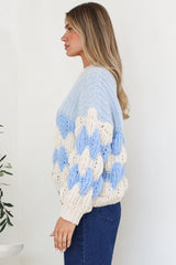 Eleanora Jumper - Crew Neck Bubble Sleeve Stripe Knit Jumper in Blue