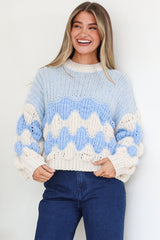 Eleanora Jumper - Crew Neck Bubble Sleeve Stripe Knit Jumper in Blue