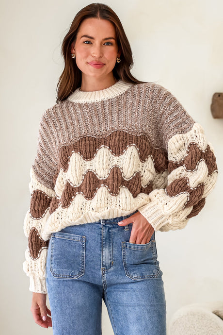 Model wearing Eleanora Jumper in Brown from Salty Crush