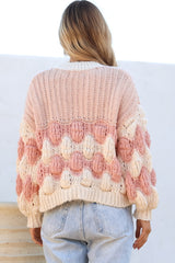 Eleanora Jumper - Crew Neck Bubble Sleeve Stripe Knit Jumper in Pink