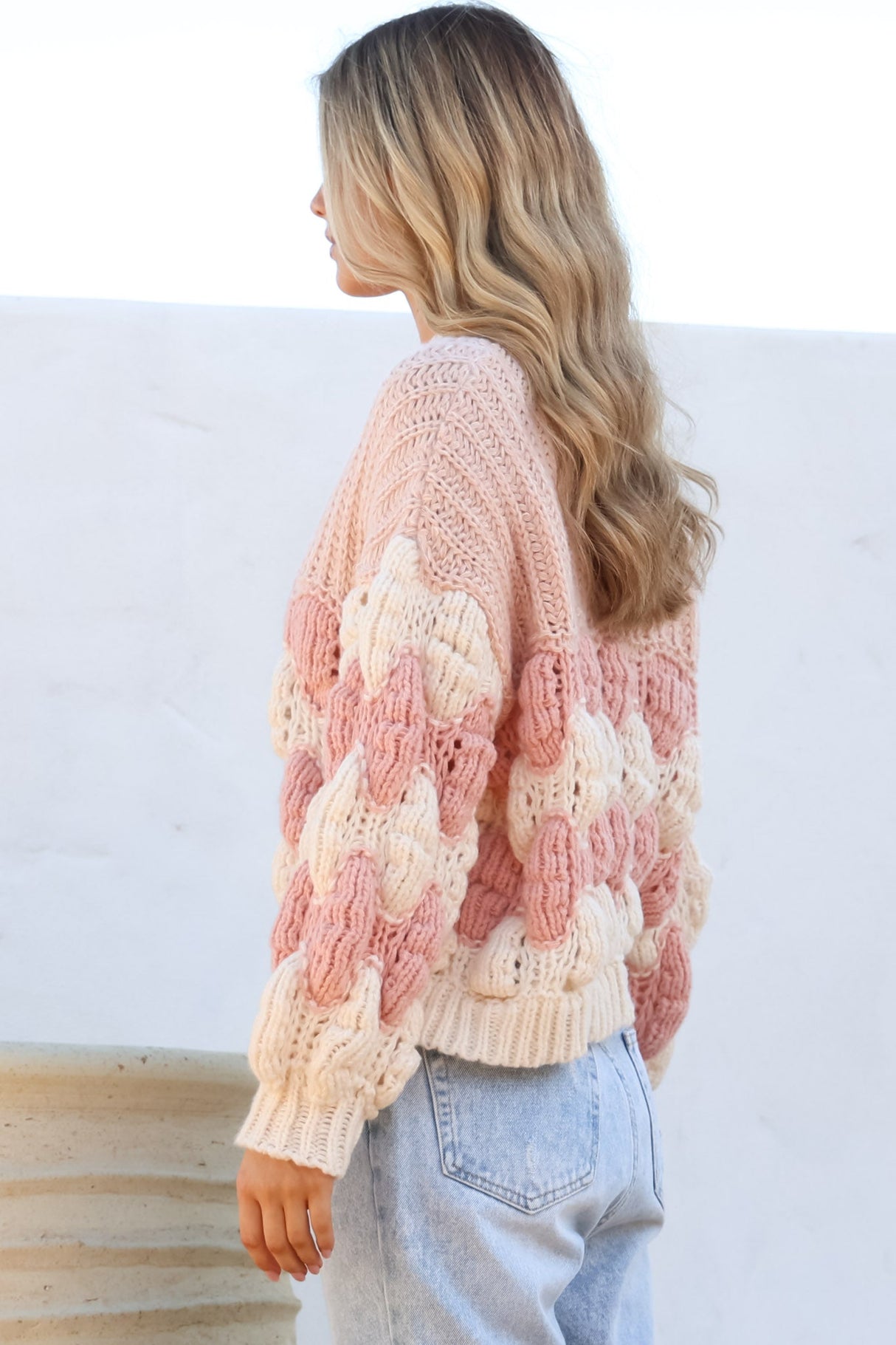 Eleanora Jumper - Crew Neck Bubble Sleeve Stripe Knit Jumper in Pink