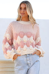 Eleanora Jumper - Crew Neck Bubble Sleeve Stripe Knit Jumper in Pink