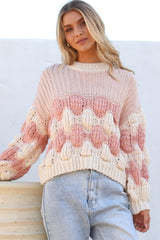 Eleanora Jumper - Crew Neck Bubble Sleeve Stripe Knit Jumper in Pink
