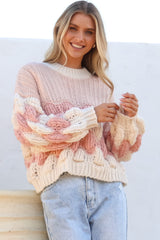 Eleanora Jumper - Crew Neck Bubble Sleeve Stripe Knit Jumper in Pink