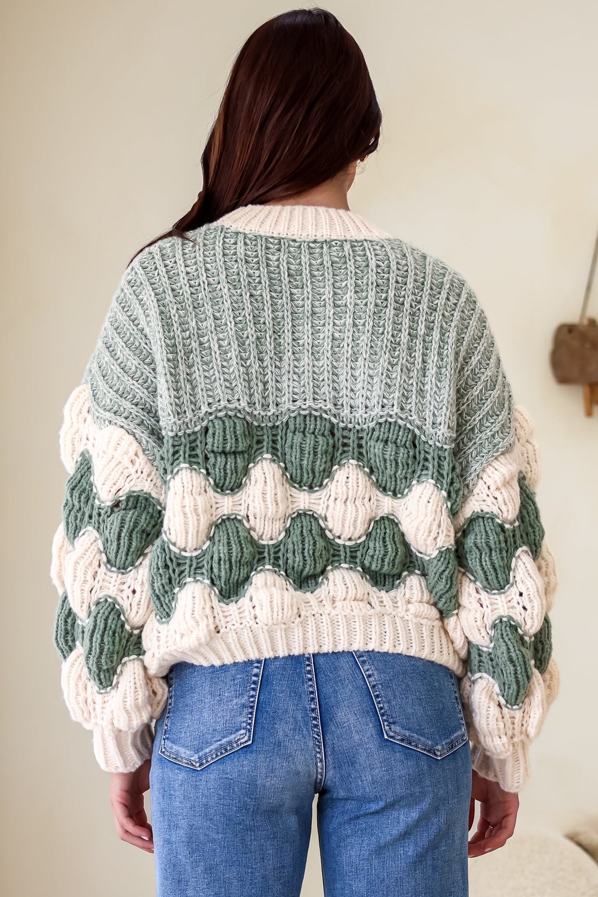 Eleanora Jumper - Crew Neck Bubble Sleeve Stripe Knit Jumper in Green