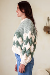 Eleanora Jumper - Crew Neck Bubble Sleeve Stripe Knit Jumper in Green