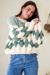 Eleanora Jumper - Crew Neck Bubble Sleeve Stripe Knit Jumper in Green
