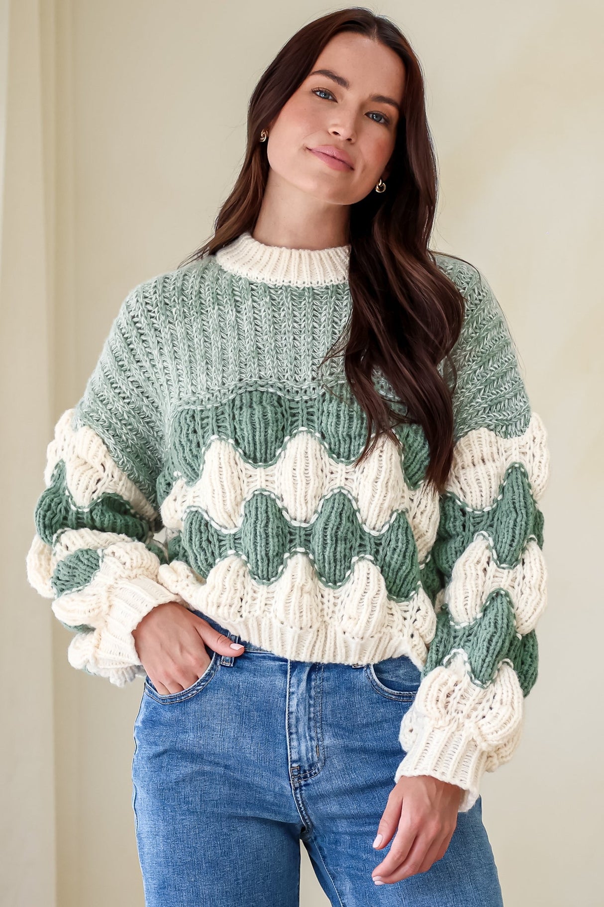 Eleanora Jumper - Crew Neck Bubble Sleeve Stripe Knit Jumper in Green