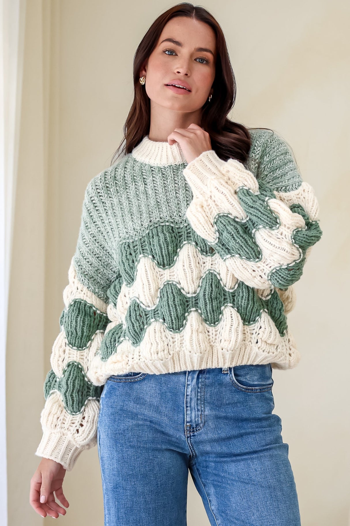 Eleanora Jumper - Crew Neck Bubble Sleeve Stripe Knit Jumper in Green