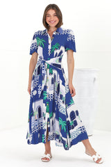 Elena Maxi Dress - Short Balloon Sleeve Button Down Dress With Belt in Tropea Print