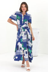 Elena Maxi Dress - Short Balloon Sleeve Button Down Dress With Belt in Tropea Print